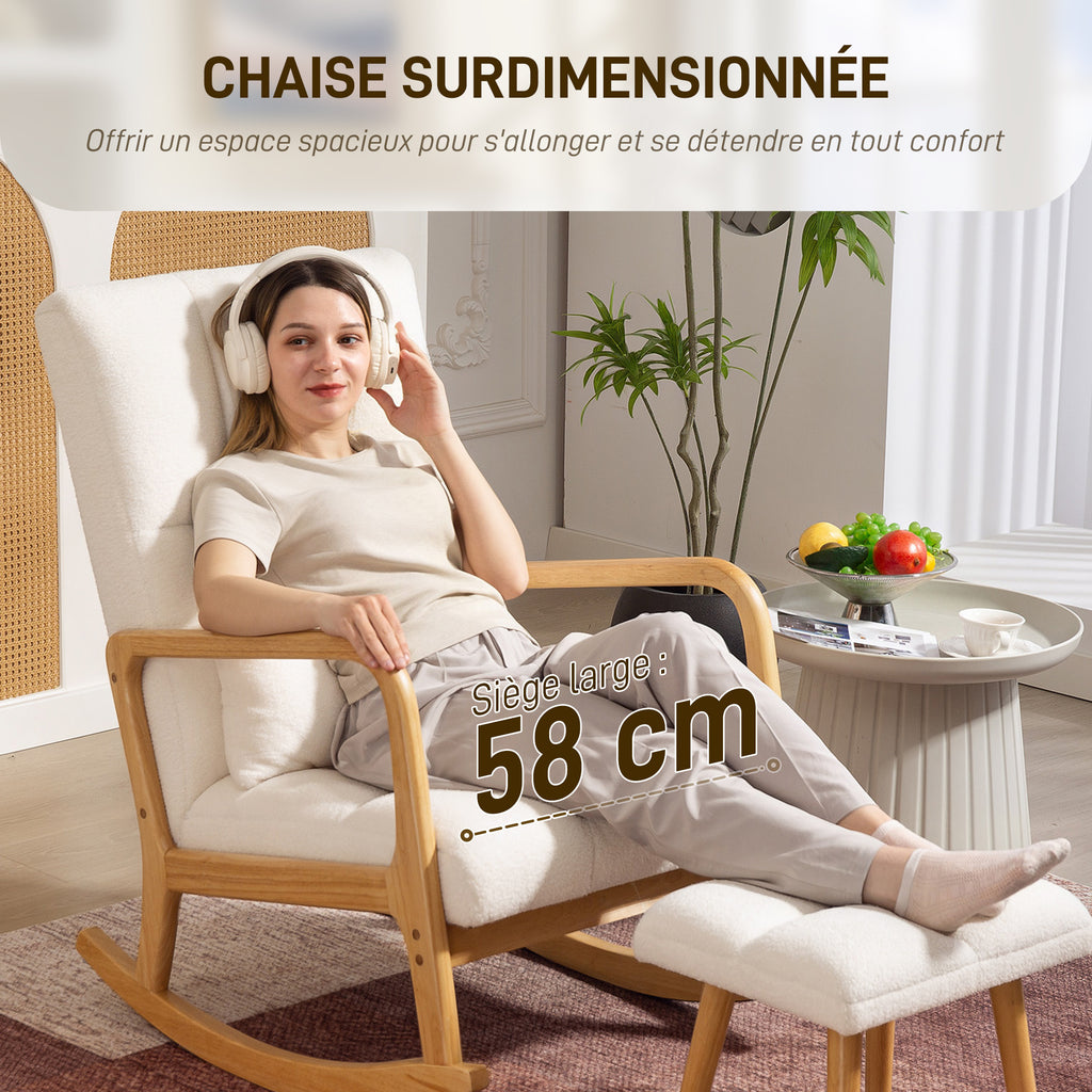 Fauteuil à bascule avec repose-pieds, rocking chair en tissu bouclette, pieds en bois, 64,5 x 82 x 89 cm, blanc-6