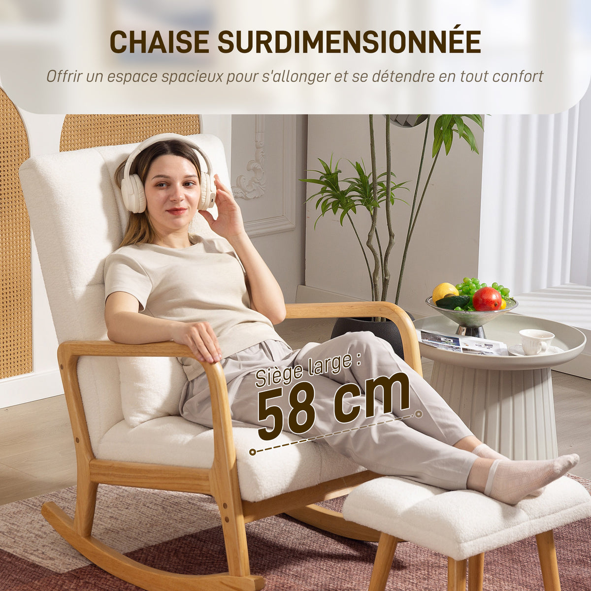 Fauteuil à bascule avec repose-pieds, rocking chair en tissu bouclette, pieds en bois, 64,5 x 82 x 89 cm, blanc-6
