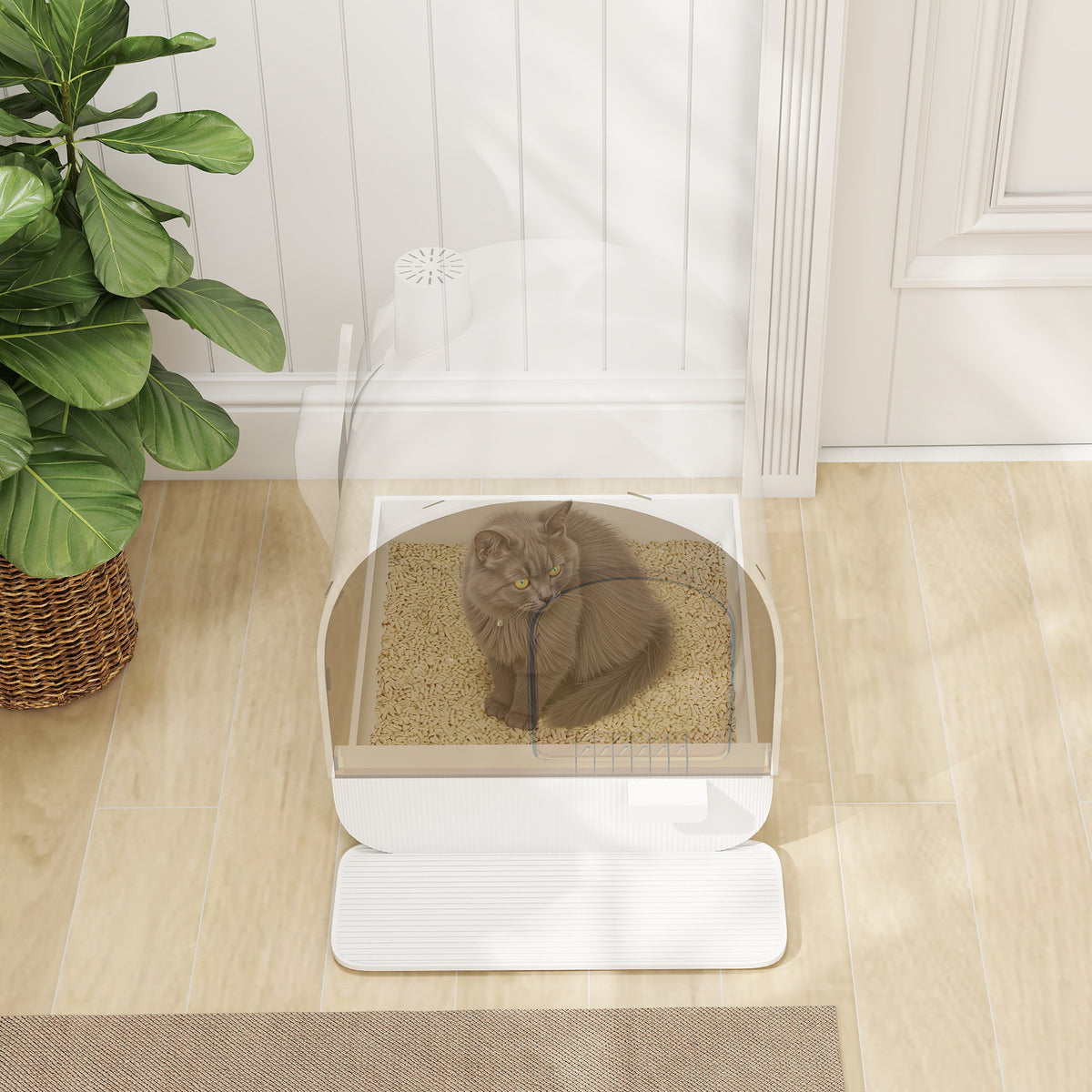 Maison de toilette pour chat avec tiroir amovible, bac à litière fermé avec tapis anti-trace, pelle, filtre anti-odeur et porte battante, nettoyage facile, 43 x 44 x 47 cm, blanc-7