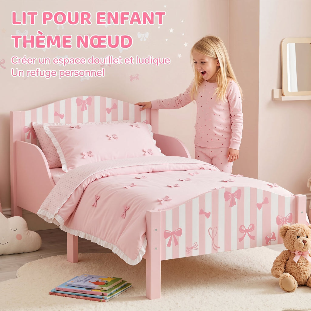 Lit Enfant 70 x 140 cm, Lit pour Enfant avec Barrière de Sécurité et Sommier à Lattes en Bois, Motif Nœud, Rose-3