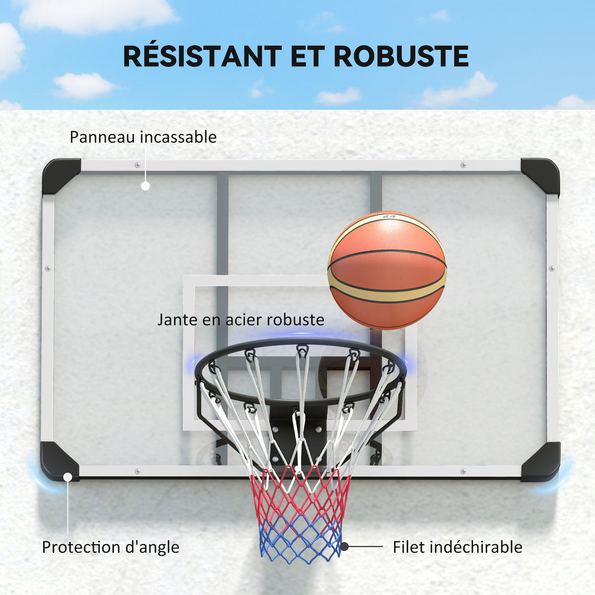 Panier de basketball mural avec panier spécial filet toutes saisons pour l'intérieur et l'extérieur 113x61x73cm blanc-4