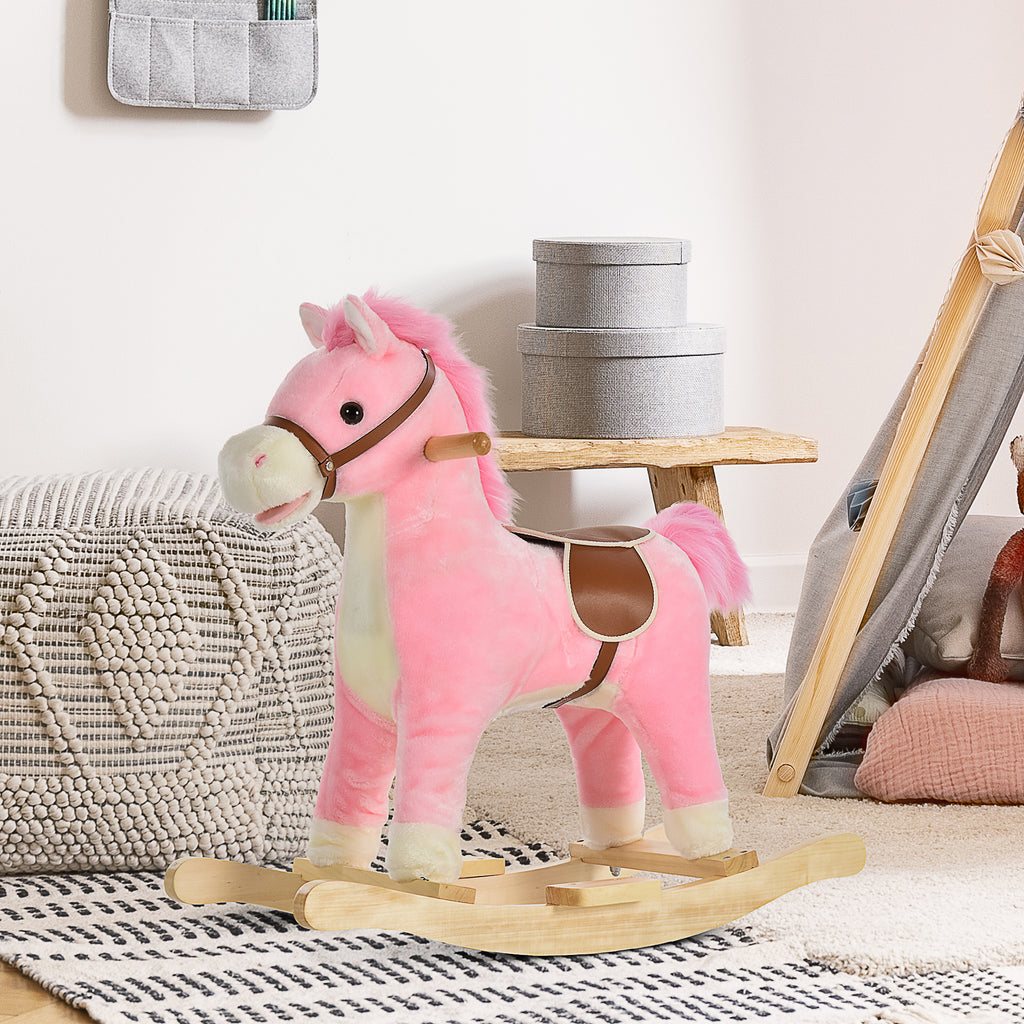 Cheval à Bascule Selle Grand Confort Peluche Courte Douce Bois peuplier Rose dim. 65L x 32,5l x 61H cm-9