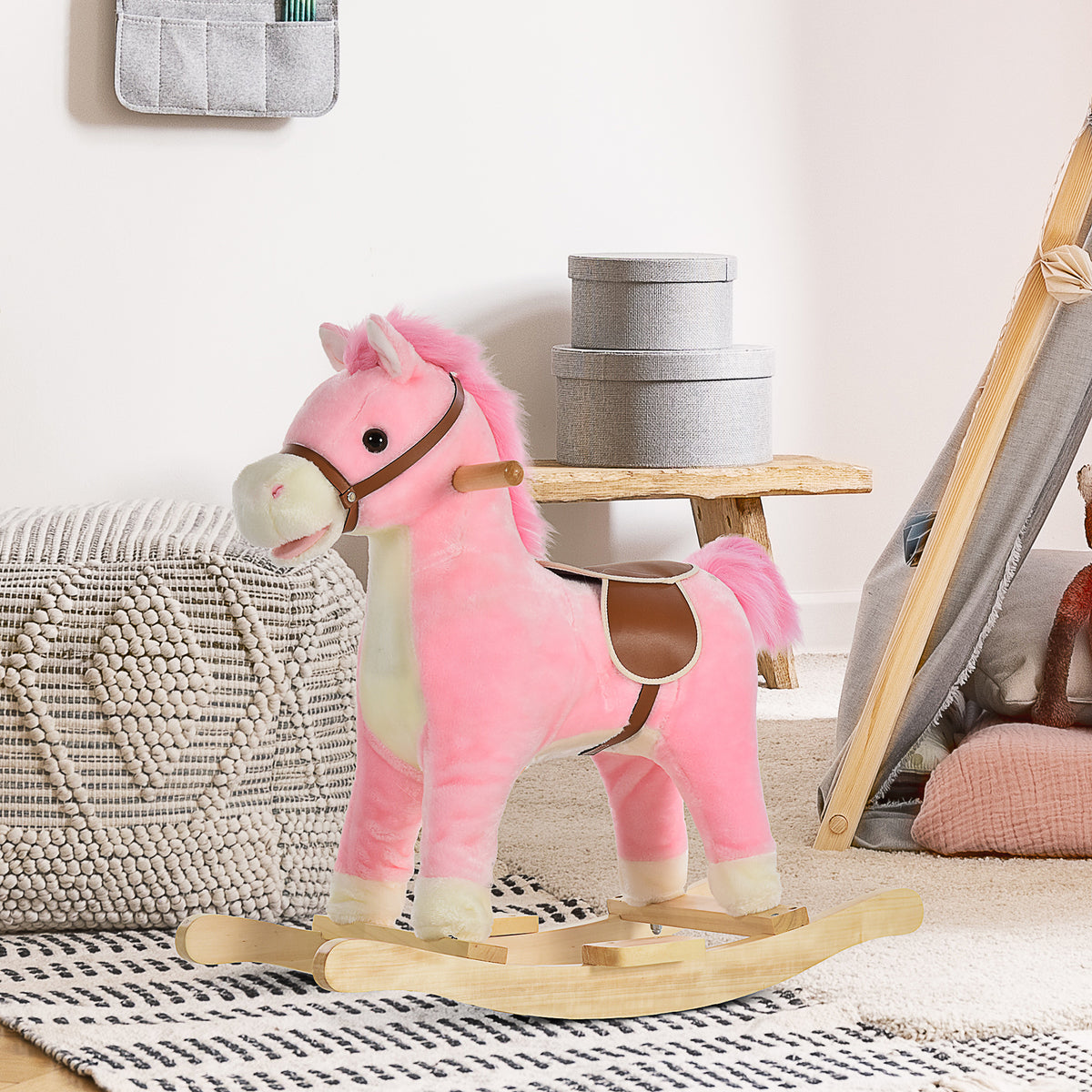 Cheval à Bascule Selle Grand Confort Peluche Courte Douce Bois peuplier Rose dim. 65L x 32,5l x 61H cm-9