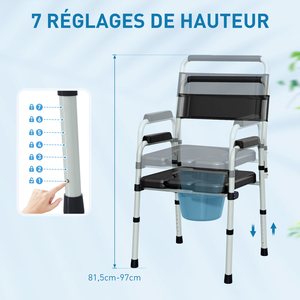 Chaise percée toilette pliable antidérapante hauteur réglable, siège et accoudoirs rembourrés, charge 150 kg, noir-5