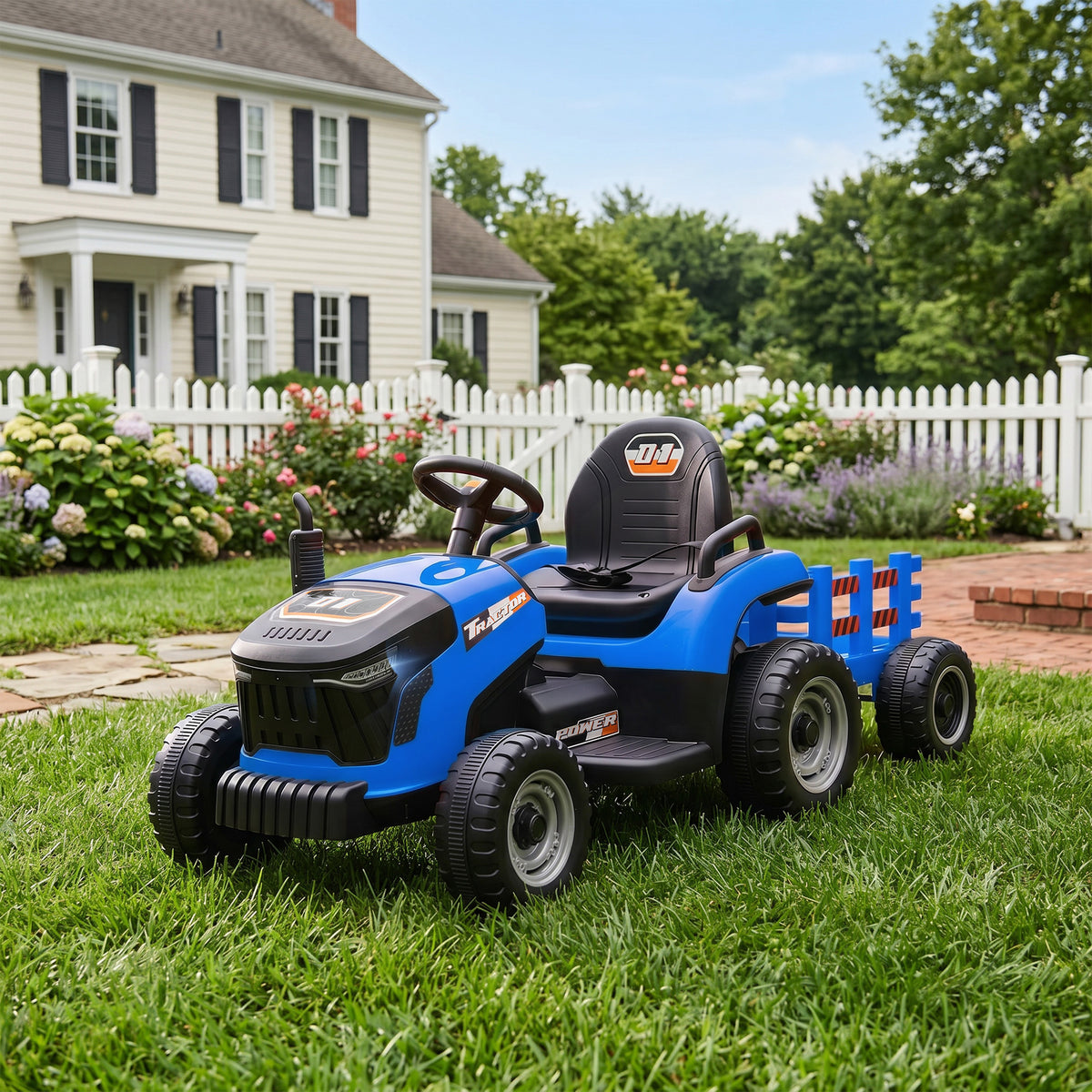 Tracteur électrique enfants avec remorque amovible, voiture électrique enfants, télécommande 2,4G, 139x58x55cm, bleu-1