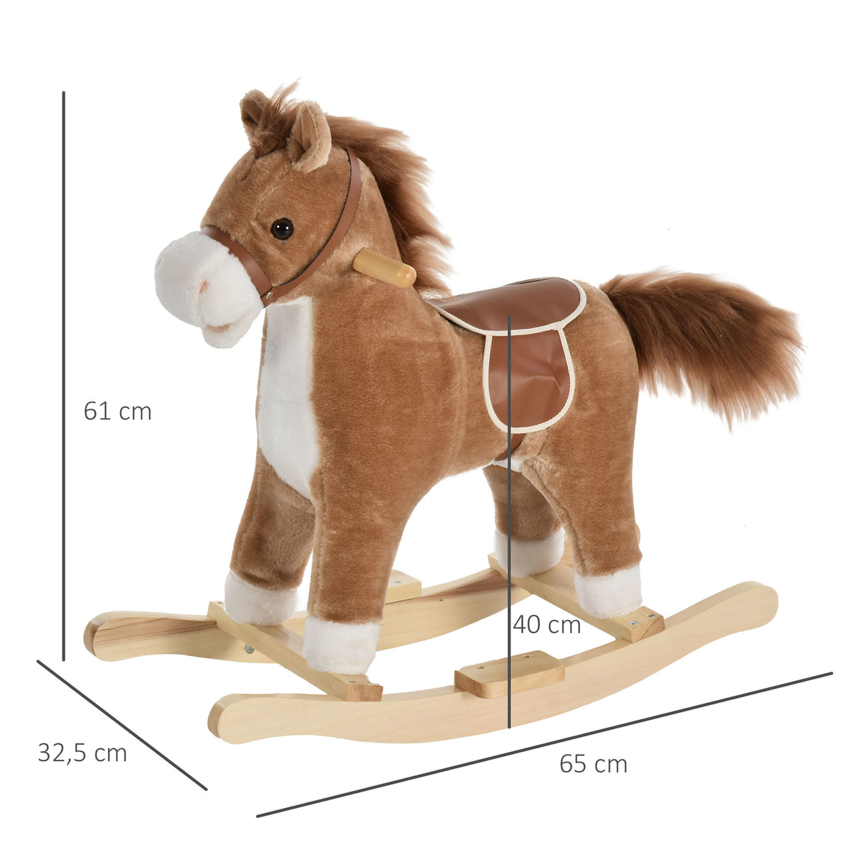 Cheval à Bascule Selle Grand Confort Peluche Courte Douce Bois peuplier Brun dim. 65L x 32,5l x 61H cm-2
