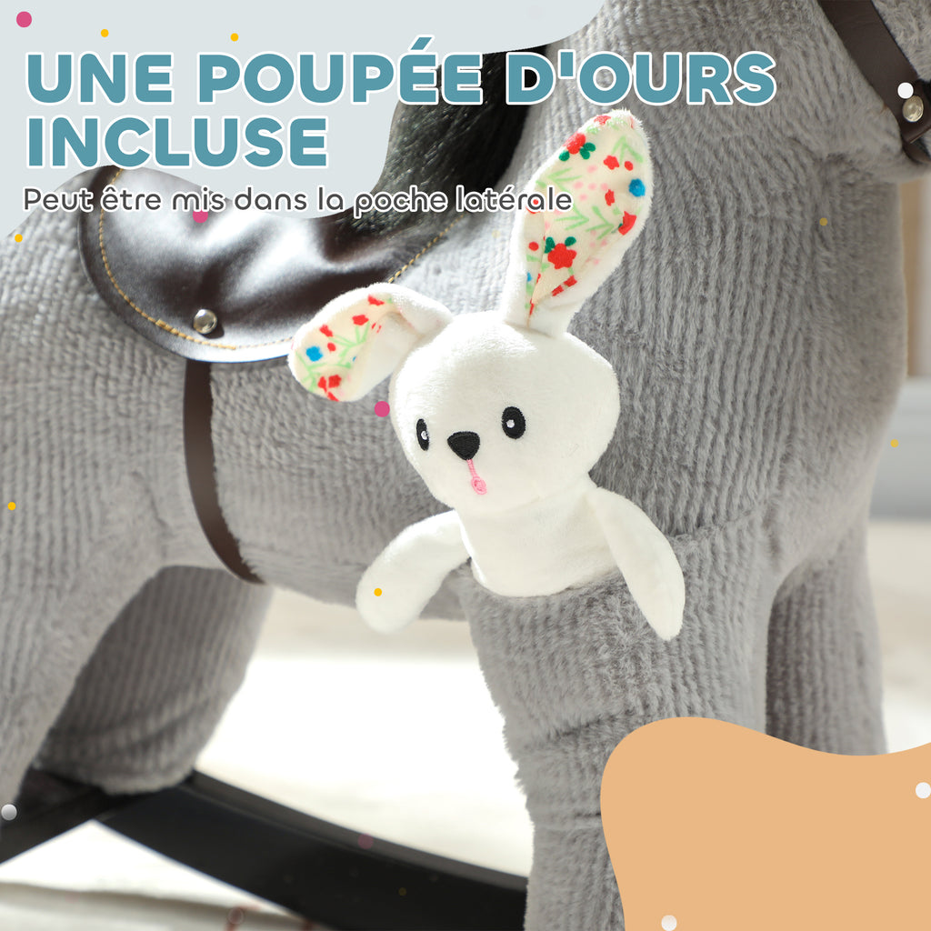 Cheval à bascule pour enfants, jouet à bascule bébé en peluche avec eouetffet sonore et poupée, 65 x 26 x 55 cm, gris-6