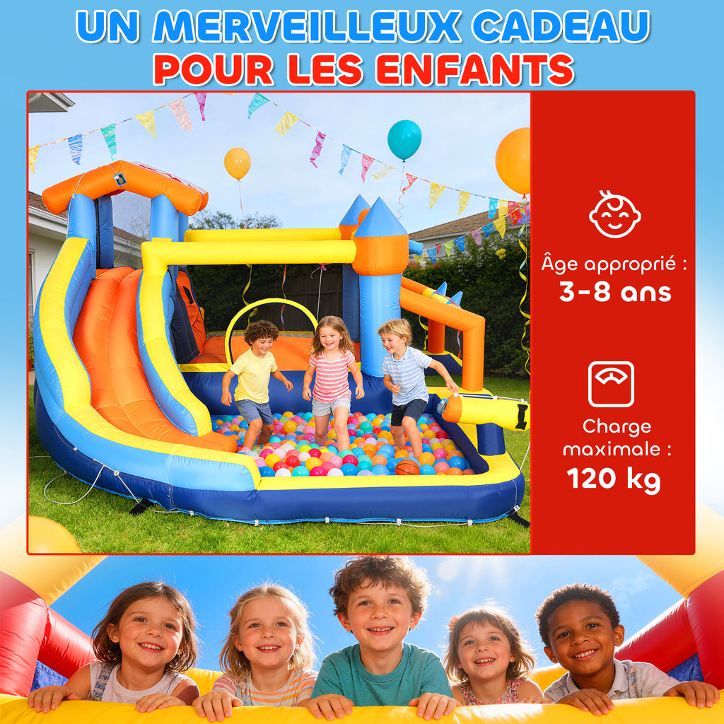 Château gonflable avec souffleur 8 en 1, parc aquatique, toboggan, trampoline, piscine à balles, multicolore-8