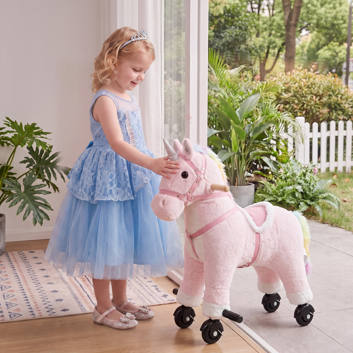 Cheval à Monter pour Enfant, Cheval à Roulettes en Peluche avec Effets Sonores, pour 1 à 3 Ans, Charge Max. 40kg, Rose-8