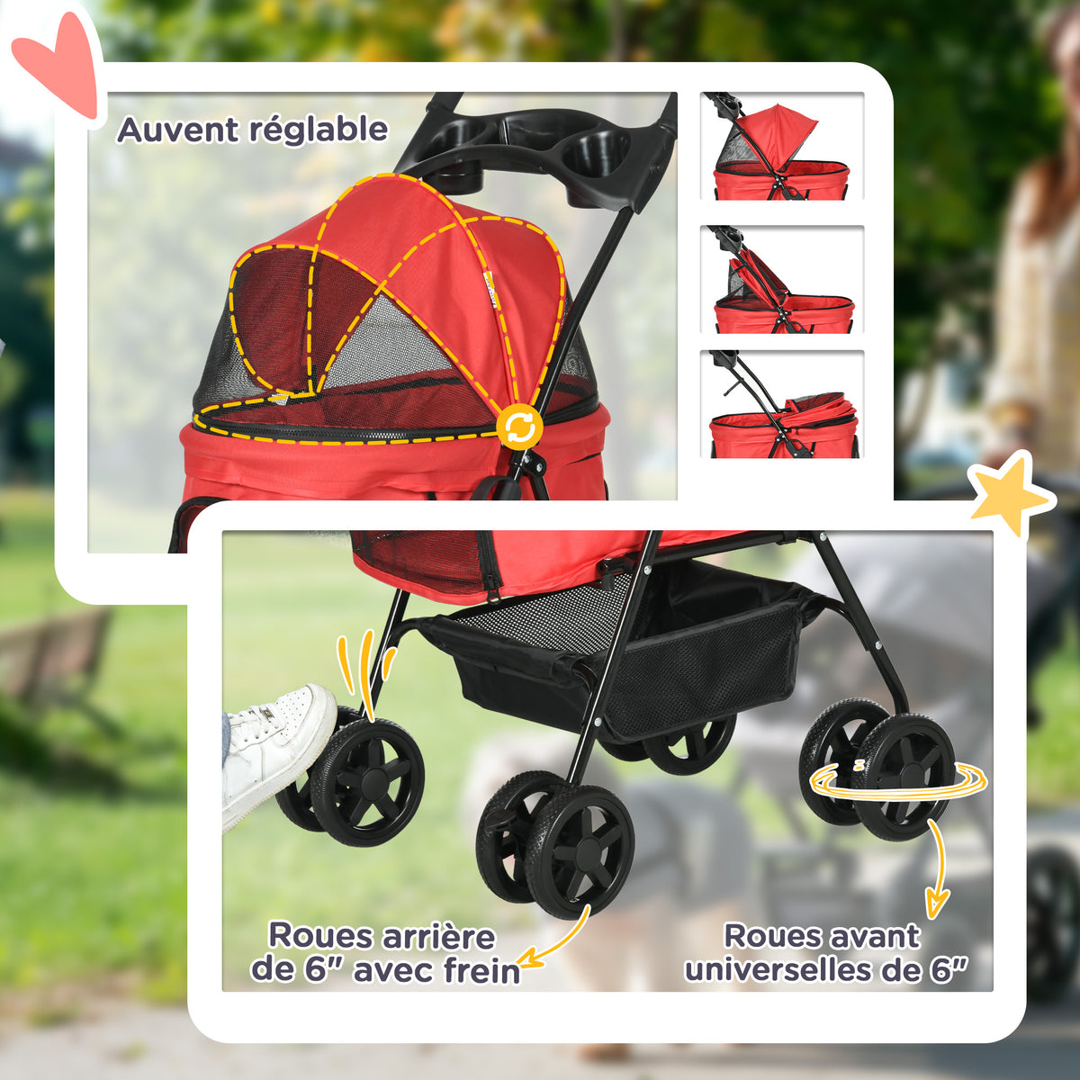 Poussette buggy pliable chien chat panier rangement porte-gobelets tissu 300D Oxford imperméable 4 roues rouge-5
