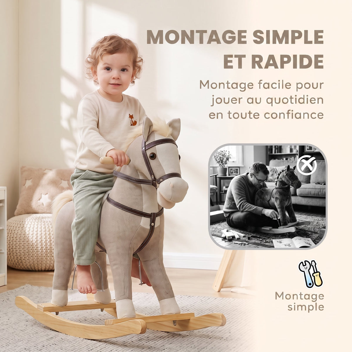 Cheval à bascule pour enfants, jouet à bascule bébé en tissu effet lin avec effets sonores et poignées de sécurité, gris-6