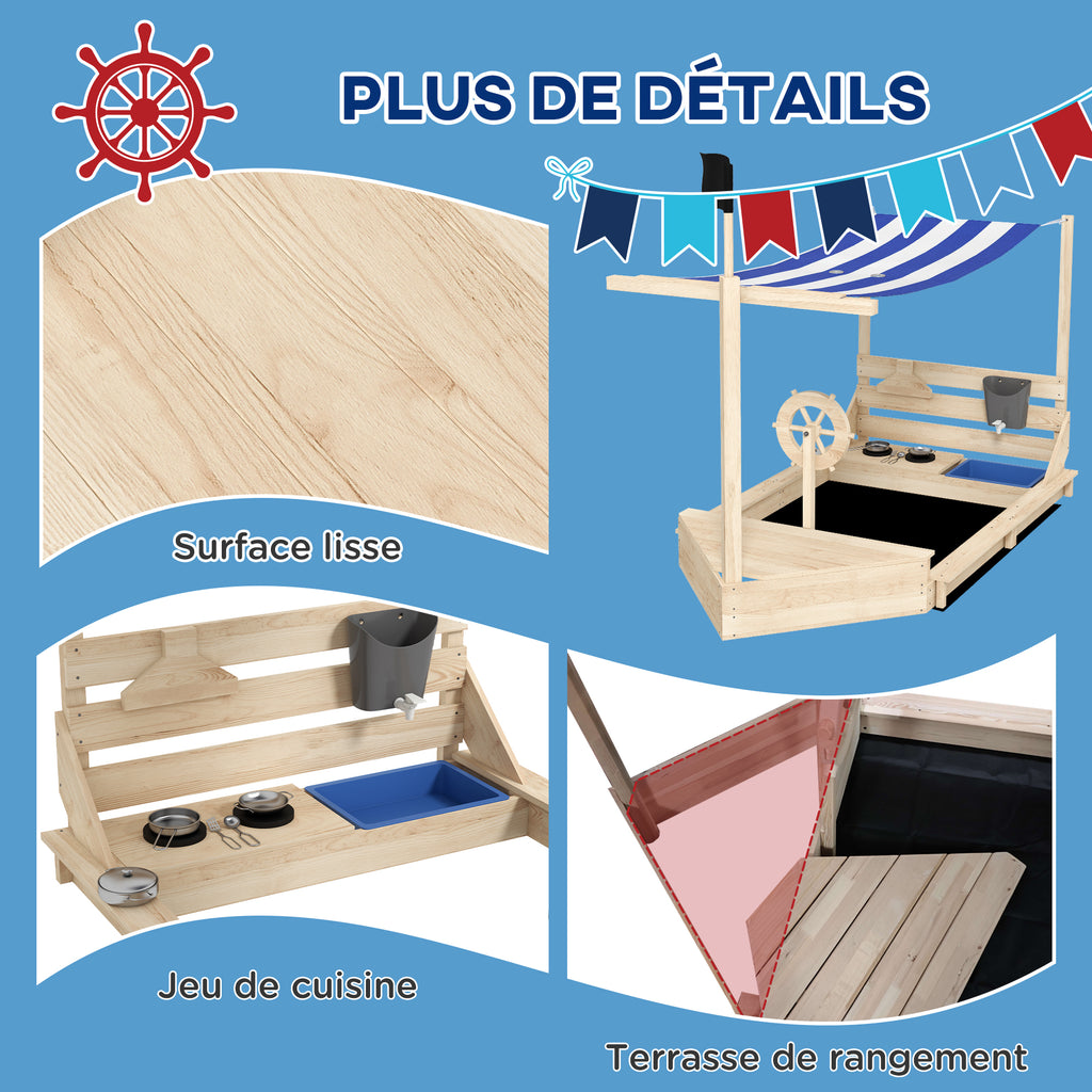 Bac à sable en bois avec jeu de cuisine 6 accessoires coffre rangement gouvernail drapeau 180 x 103 x 144,5 cm naturel-6