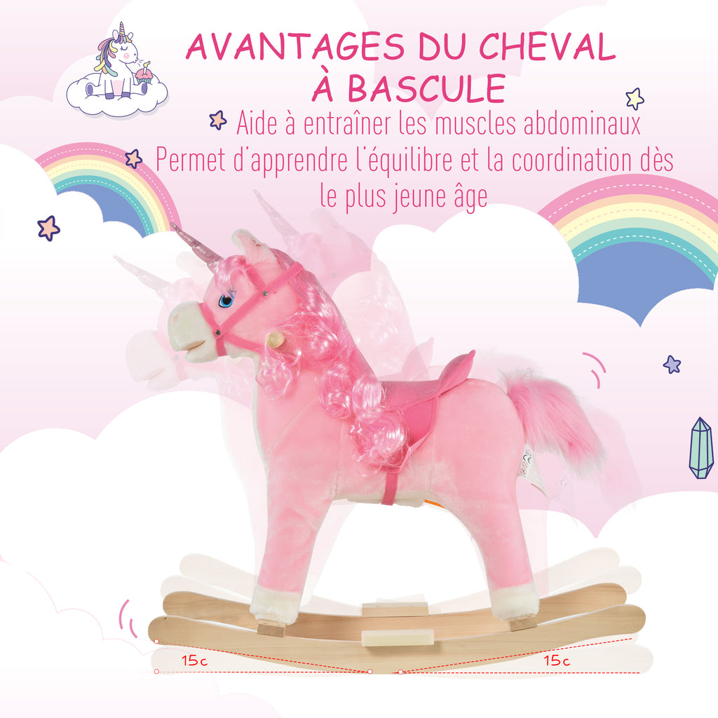 Cheval à Bascule modèle Licorne avec Sons Authentiques Selle Grand Confort Bois de peuplier Rose dim. L74 x l33 x 62H cm-5