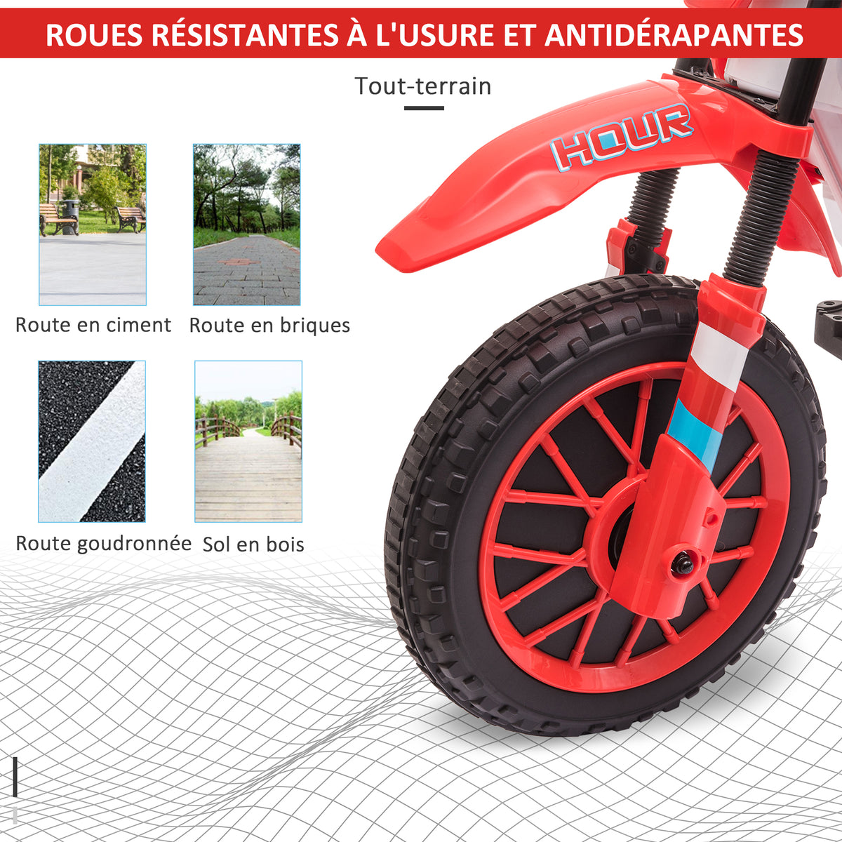 Moto Cross électrique Enfant 3 à 6 Ans 12 V 3-8 Km/h avec roulettes latérales Amovibles 106,5x51,5x68cm Rouge-4