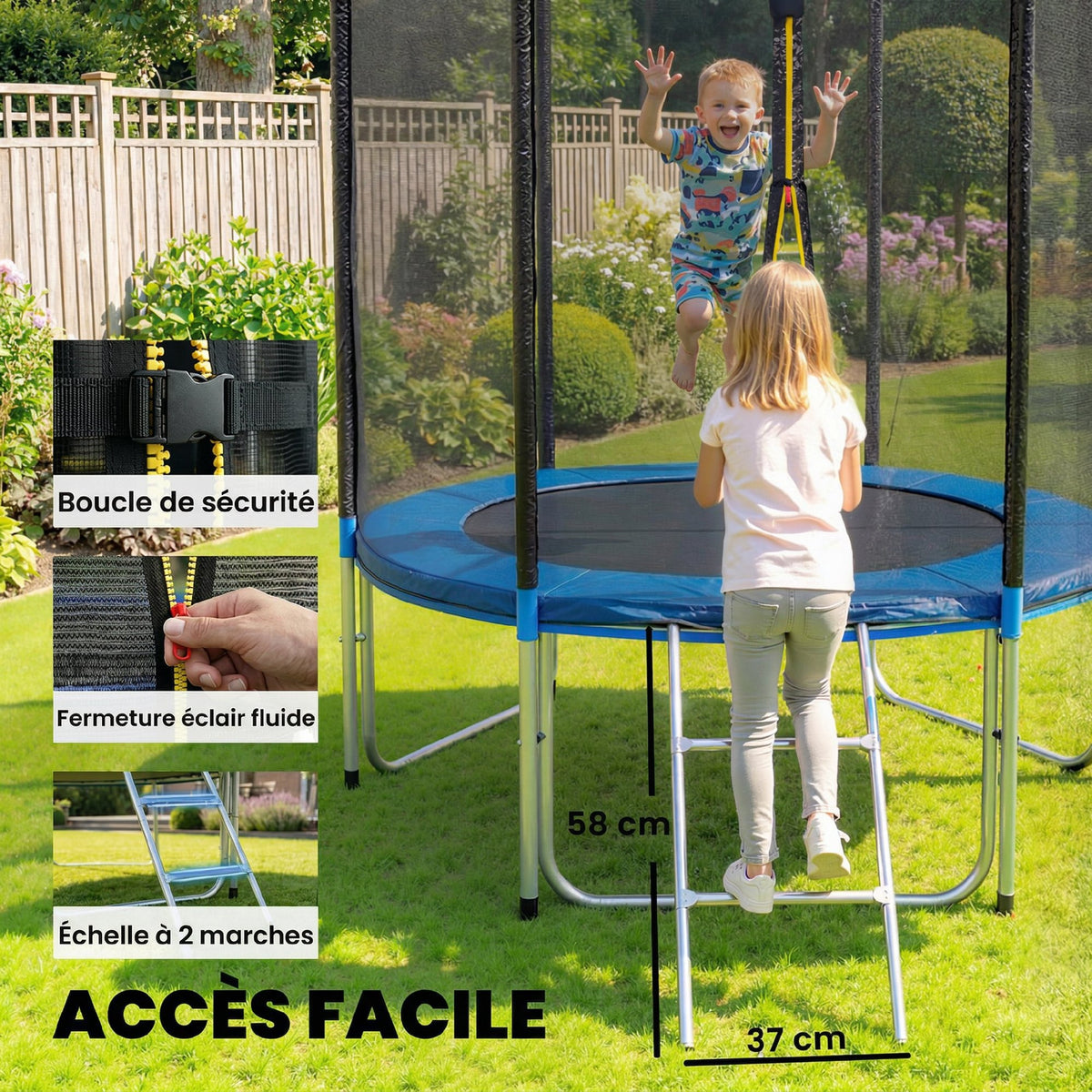 Trampoline Extérieur Trampoline de Jardin Enfants et Adultes 6 Poteaux au Sol  Charge 80kg 36 Ressorts Ø183cm Bleu-6