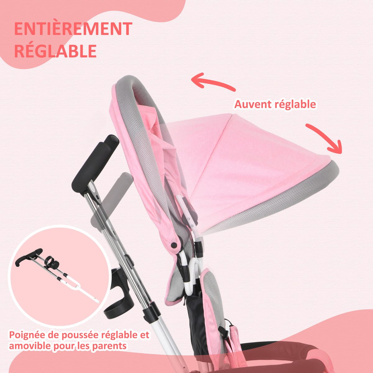 Tricycle Enfant évolutif Pare-Soleil Pliable Canne télescopique Amovible 95 x 50 x 106 cm Acier Rose-5