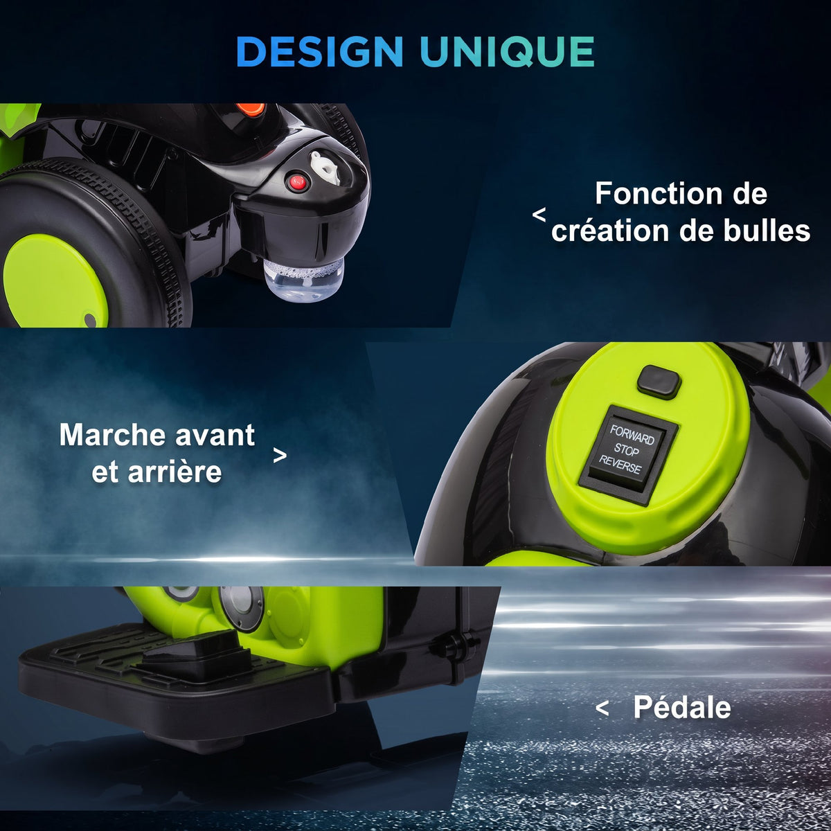 Moto électrique enfants 2-5 ans, 3 roues, 6 V, 3 km/h, avec fonction de bulles, effets lumineux et sonores, vert-5