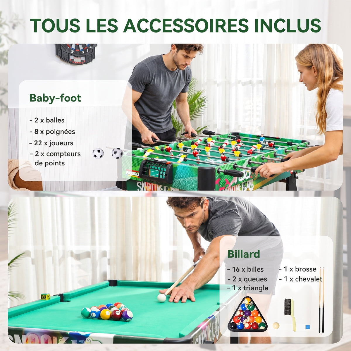 Table Multi-Jeux 6-en-1, Baby-Foot, Billard, Ping-Pong, Hockey, Jeu d'Anneaux, 118x104x71cm, Multicolore-5