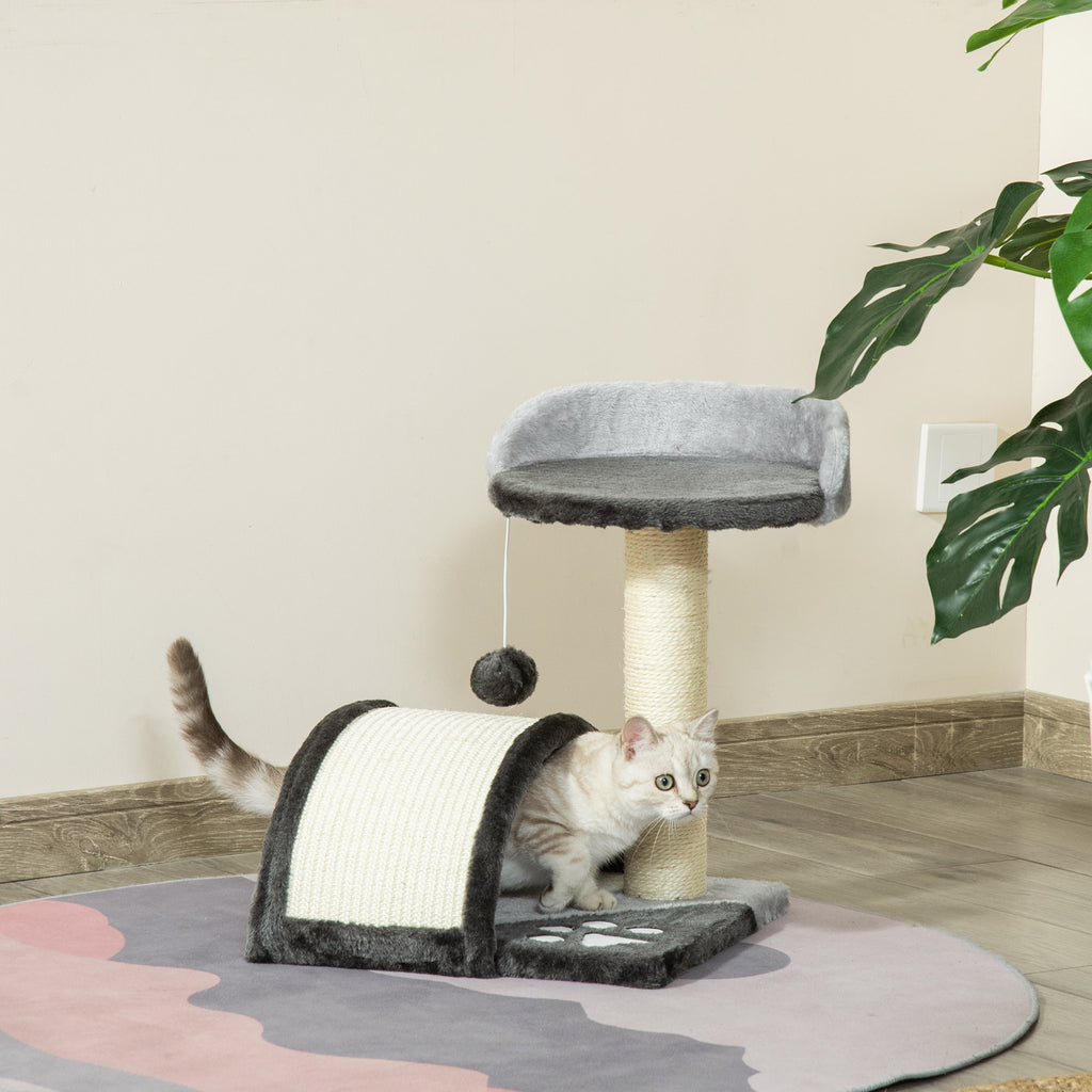 Arbre à chat griffoir grattoir design jeu boule suspendue + plateforme peluche sisal naturel gris foncé-1
