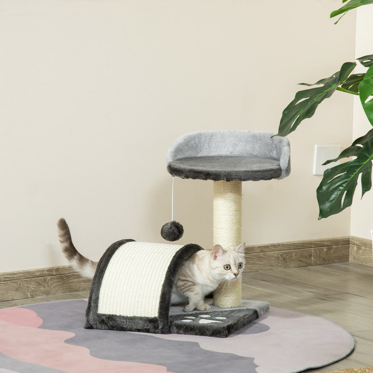 Arbre à chat griffoir grattoir design jeu boule suspendue + plateforme peluche sisal naturel gris foncé-1